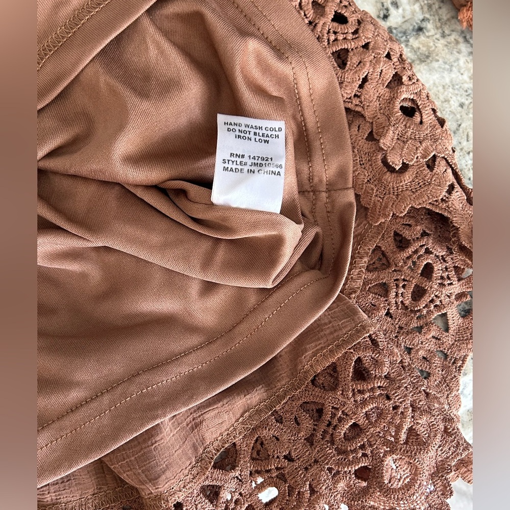 Just Me Boho Swiss Dot Crochet Lace Ruffled Hem Party Mini Dress Cognac Size M - Picture 10 of 15